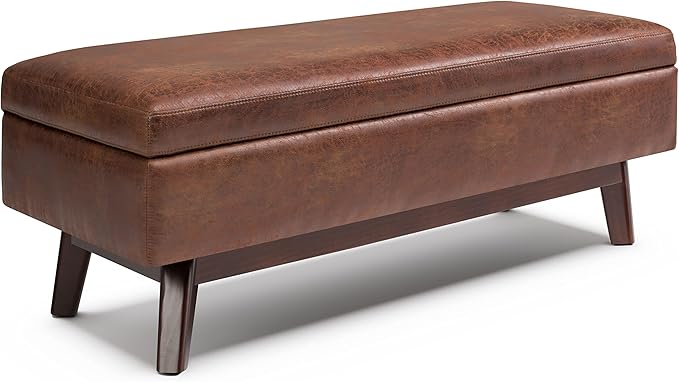 SIMPLIHOME Owen Rectangular Storage Ottoman - 48 inch Wide Upholstered Vegan Leather Lift-Top Ottoman in Distressed Saddle Brown, Mid-Century Modern Ottoman for Living Room with Tufted Detail