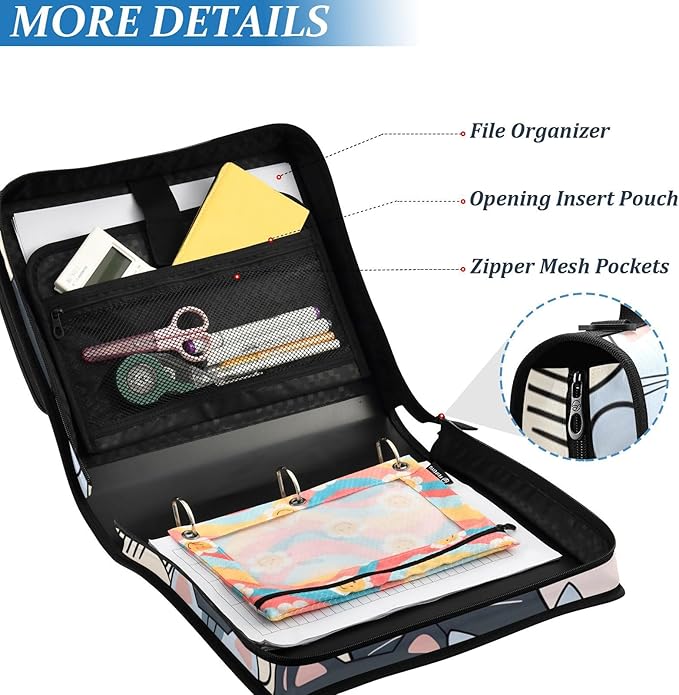 3 Ring Zipper Binder with Shoulder Strap Cat Cute Blue 1.5 inch Binders Keeper Large Capacity Multi Pockets for School Office Supplies