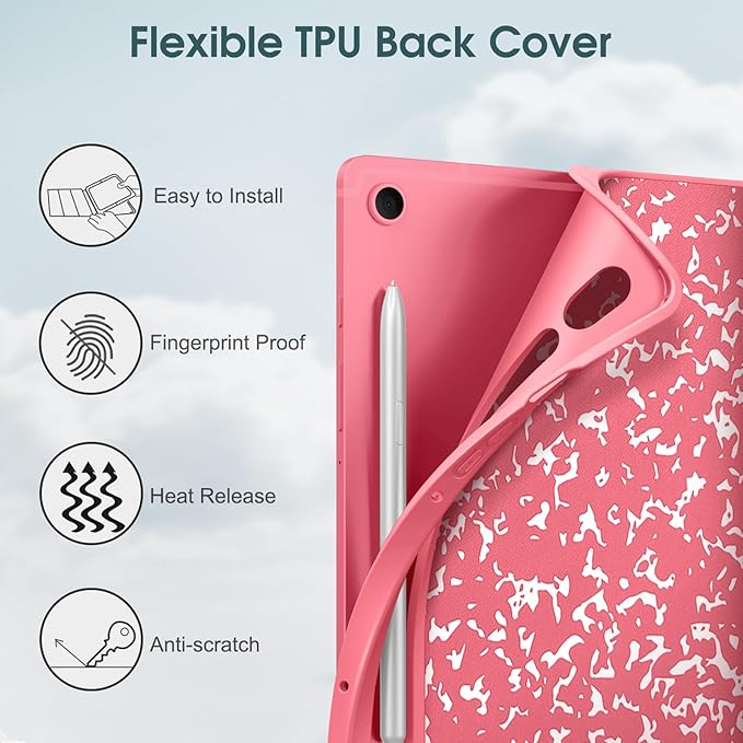 Fintie Slim Case for Samsung Galaxy Tab S10 Lite/ S10 FE/ S9 FE 5G 10.9 Inch/Tab S9 11 Inch with Built-in S Pen Holder, Soft TPU Smart Stand Back Cover Auto Wake/Sleep Feature, Composition Book Pink