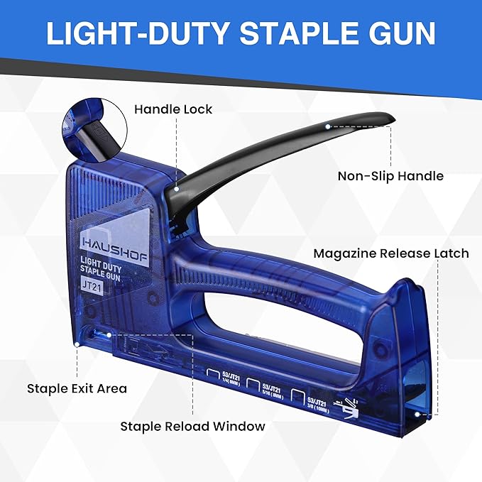HAUSHOF Light Duty Staple Gun, Upholstery Staple Gun with 800PCS JT21 Staples and Stapler Remover, Fits JT21 Staple of 1/4'', 5/16'' & 3/8'', Used for Wood, Classroom, Crafts, DIY (Blue Transparent)