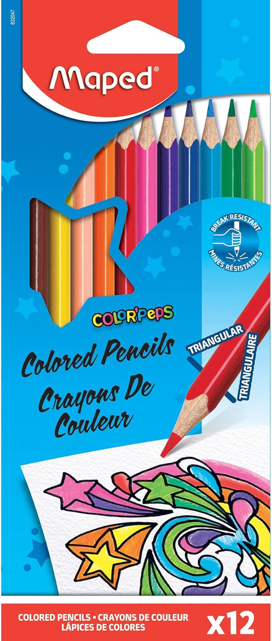 Maped Helix USA - Color'Peps Triangular Colored Pencils, 12-Pack - Ideal for Art Projects - Ergonomic Design - Vibrant Colors