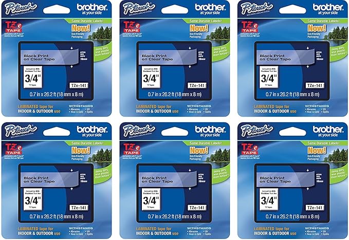 Brother Genuine P-touch 6-Pack TZe-141 Laminated Tape, Black Print on Clear Standard Adhesive Laminated Tape for P-touch Label Makers, Each Roll is 0.7"/18mm (~ 3/4") Wide, 26.2 ft. (8M) Long