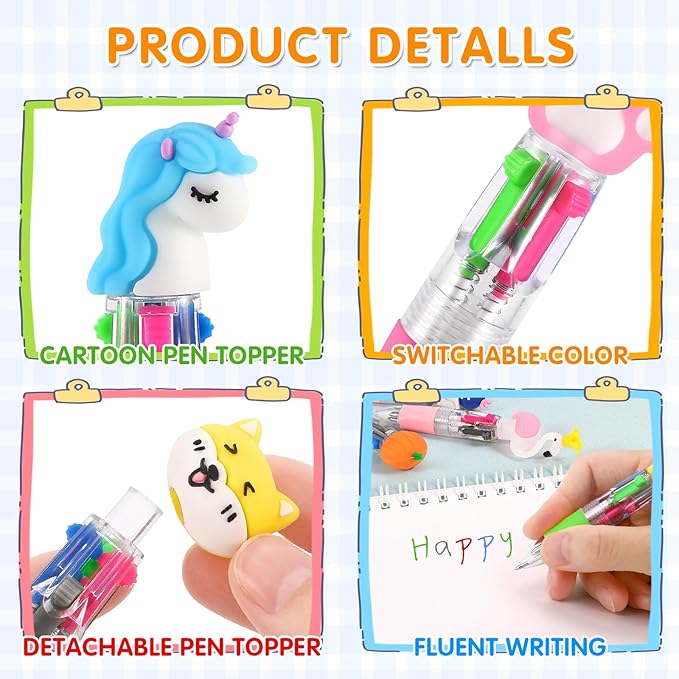 arscniek 40Pcs Multicolor Pen in One, 4-in-1 0.5mm Fine Point Cute Pens, Fun Kawaii Ballpoint Pen for Children's Party Favors, Classroom Prizes, Teacher School Supplies, Bulk Gifts for Students