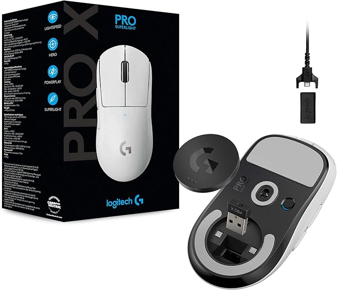 Logitech G PRO X Superlight Wireless Gaming Mouse, Ultra-Lightweight, Hero 25K Sensor, 25,600 DPI, 5 Programmable Buttons, Long Battery Life, Compatible with PC/Mac - White