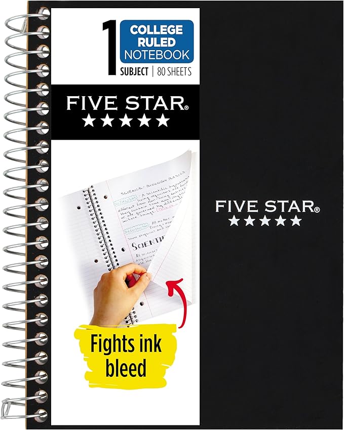 Five Star Spiral Notebook, 1 Subject, College Ruled Paper, 4-3/8" x 7", Personal Size, 80 Sheets, Fights Ink Bleed, Water Resistant Cover, Black (450048AA2-ECM)