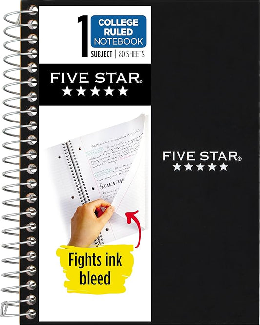 Five Star Spiral Notebook, 1 Subject, College Ruled Paper, 4-3/8" x 7", Personal Size, 80 Sheets, Fights Ink Bleed, Water Resistant Cover, Black (450048AA2-ECM)