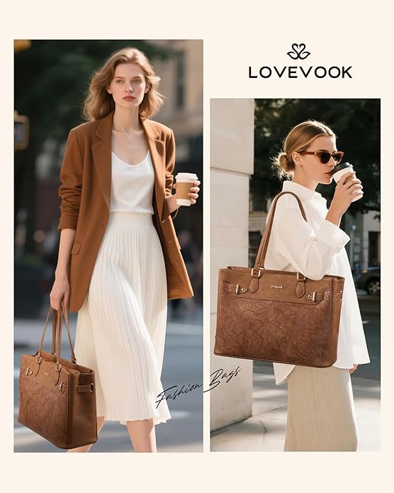 LOVEVOOK Laptop Tote Bag for Women Work, Teacher Tote Bag with Large Cup Holder, 15.6 Inch Waterproof Leather Computer Bag