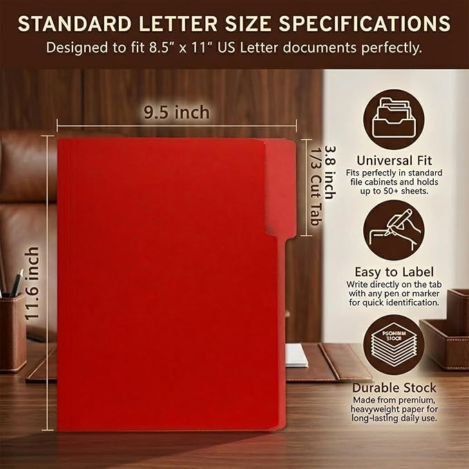 100 Packs Red File Folder,1/3-Cut Tabs,File Folders Letter Size,8.5x11 File Folders for Office,School and Home,Organizer Documents