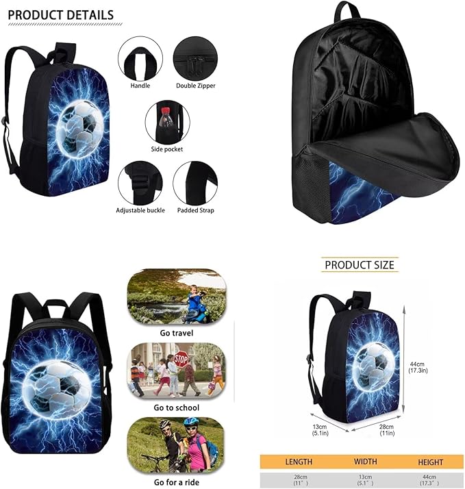 CLOHOMIN Lightning Football Backpack with Lunch Box Set of 3 Large Capacity Bookbag Boys Lunch Bag Pencil Holder for Kids Ages 12-14 Middle School Bag with Lunchbox for Boys, Blue