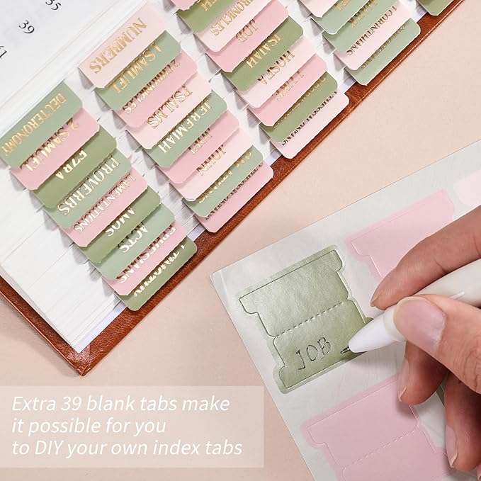 Bible Tabs, 66 Gold Foil Pre-Printed Chapter Labels + 39 Blank Water Lilies Theme Laminated Index Tabs with Alignment Ruler, Bible Journaling Study Supplies for Women & Men, Bible Sticker Accessories