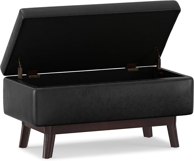 SIMPLIHOME Owen Small Rectangular Storage Ottoman - 36 inch Wide Upholstered Vegan Leather Lift-Top Ottoman in Distressed Black, Mid-Century Modern Ottoman for Living Room with Tufted Detail