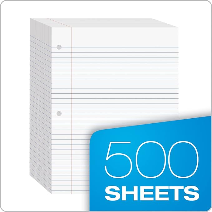 Oxford Filler Paper, 8 x 10-1/2 Inch Wide Ruled, 3 Hole Punch, Loose Leaf Notebook Paper for 3 Ring Binders (62330), white (Pack of 2500)