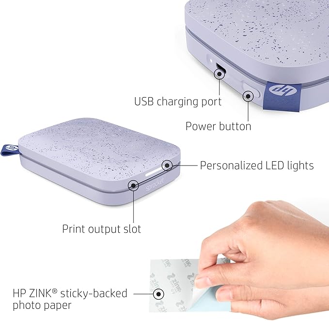HP Sprocket 2x3 Instant Smartphone Photo Printer 75 Sheets Bundle - Bluetooth Portable Color Wireless Mobile Printer (Purple) Zink Sticky-Back Photos