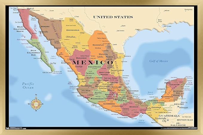 Trends International Map - Mexico Wall Poster, 14.725" x 22.375", Gold Framed Version
