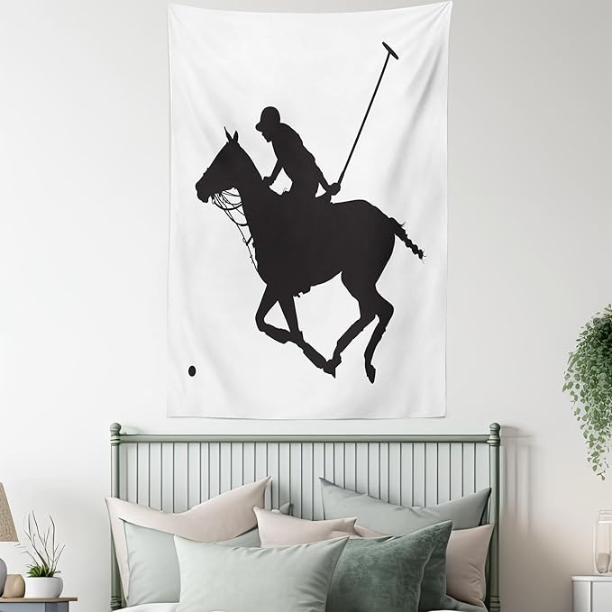 Ambesonne Sports Tapestry, Silhouette Illustration of Polo Player on a Horse Hitting a Ball Print, Fabric Wall Hanging Decor for Bedroom Living Room Dorm, 30" X 45", Charcoal Grey