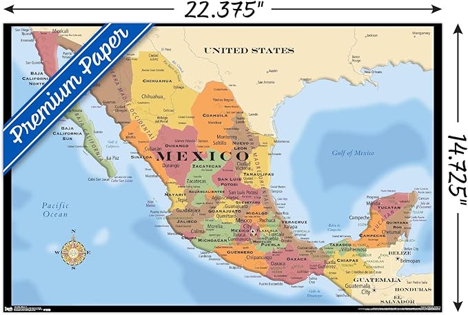 Trends International Map - Mexico Wall Poster, 14.725" x 22.375", Premium Poster & Mount Bundle