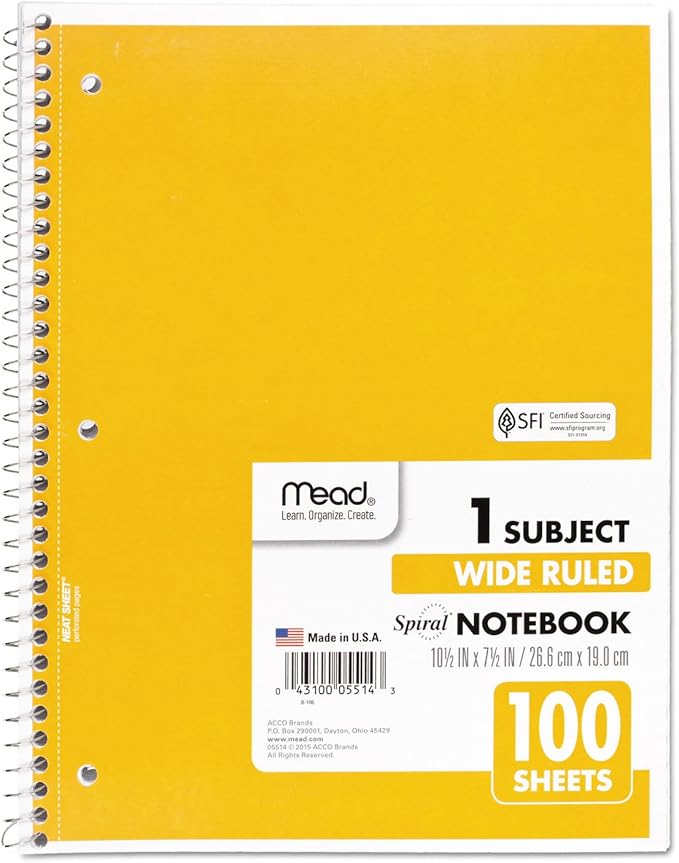 Mead Spiral Notebook, 1 Subject, Wide Ruled Paper, 100 Sheets, 10-1/2" x 8", Color Selected For You, 1 Count (05514)