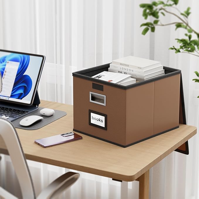 Huolewa File Organizer Boxes with Lids, Collapsible Faux Leather Hanging File Folder Box Organizer with Plastic Slide, Decorative Home/Office Filing System Boxes for File and Folders Storage