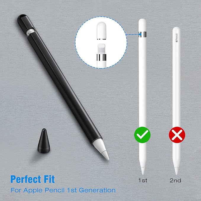 Fintie Silicone Sleeve Compatible with Apple Pencil 1st Generation, Ultra Light Pen Skin Case Cover Soft Protective Pencil Grip Holder with 2 Nib Covers & Cable Adapter Tether, Black