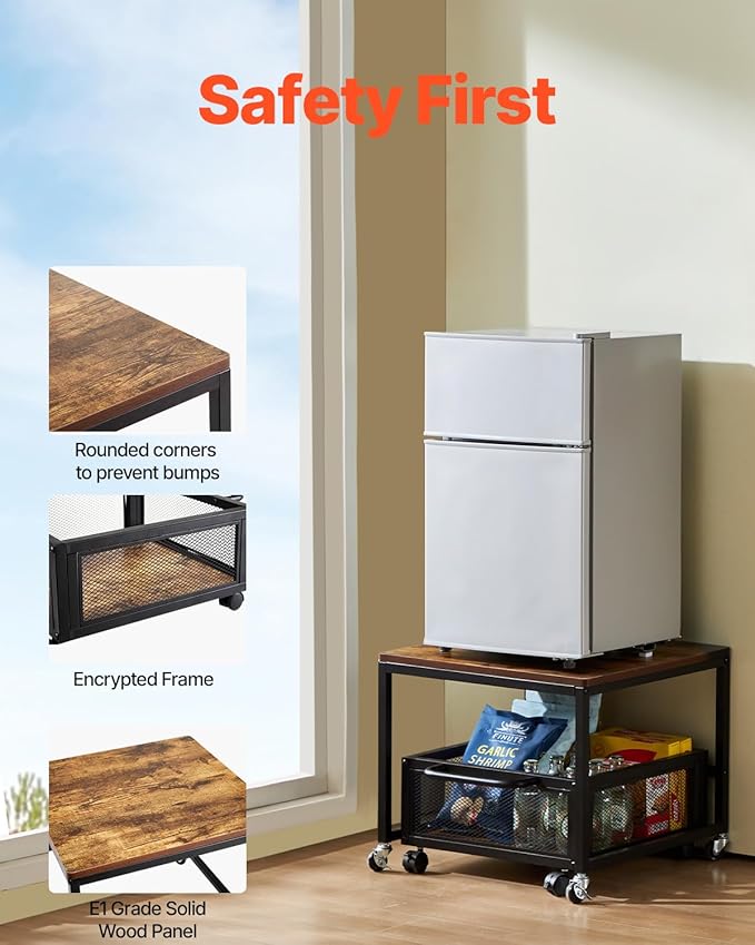 VEVOR Mini Fridge Stand with Storage, 198 lbs Mini Fridge Table with Movable Storage Cart & Swivel Wheels, Beverage Refrigerator Stand for Coffee Bar, Mini Fridge Organizer for Home Dorm, Light Brown