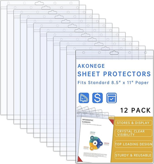 AKONEGE 12PCS Hard Sheet Protectors 8.5 x 11 Waterproof Resealable Zip Paper Page Protectors Clear Rigid Plastic Sleeves for Photos Certificate, Heavy Duty Document Holder Wall Sign Holder, Vertical