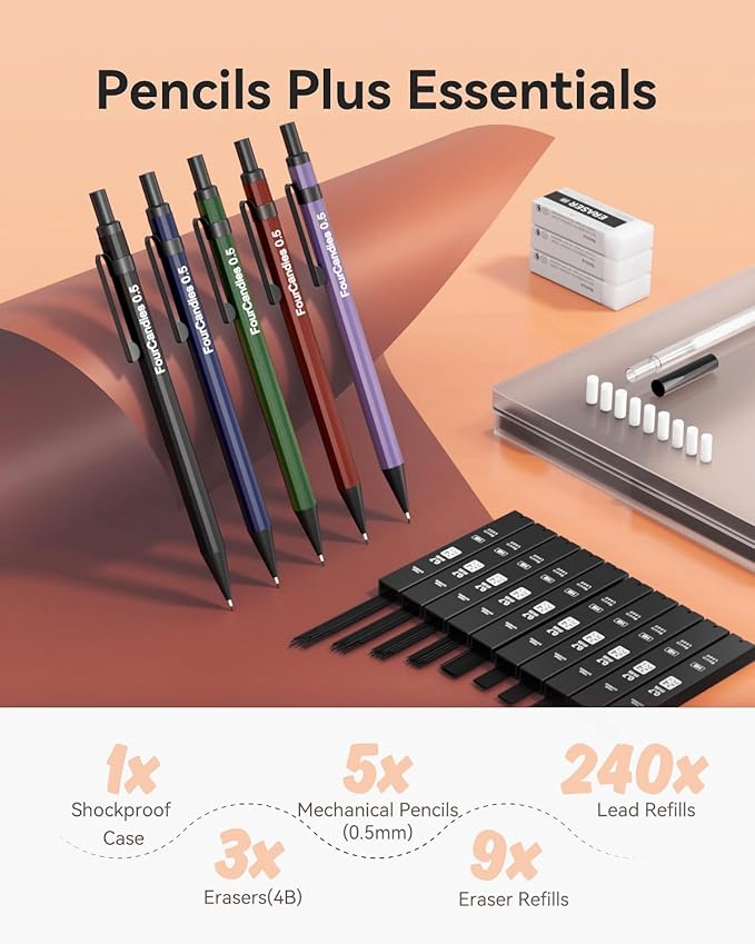 Four Candies Metal Mechanical Pencils 0.5, with #2 Pencil Leads 0.5mm, Eraser Set and Eraser Refills, 19-Count Pack with Case, Back to School Supplies for Writing, Drafting, Drawing (Pack of 2)