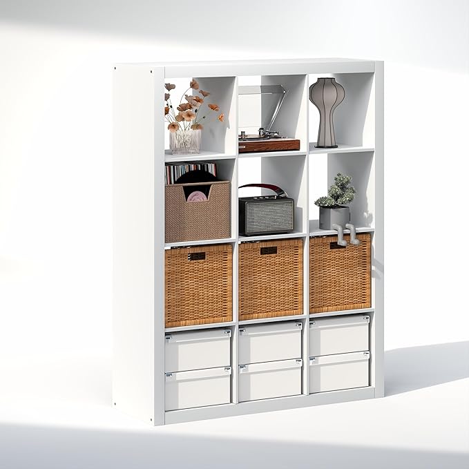 Furinno Cubicle Record Player Stand with Vinyl Storage, 12-Cube Vinyl Record Storage, 1.65" Triple Thick Open Back Media Shelf for CD DVD Blueray Game Disc, for Living Room, Home Office, White