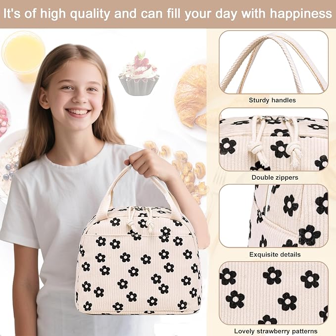 LEDAOU Lunch Box for Women Insulated Lunch Bag Corduroy Lunch Tote Bags Leakproof Cooler Lunch Case for Travel Work Picnic (Black Floral)