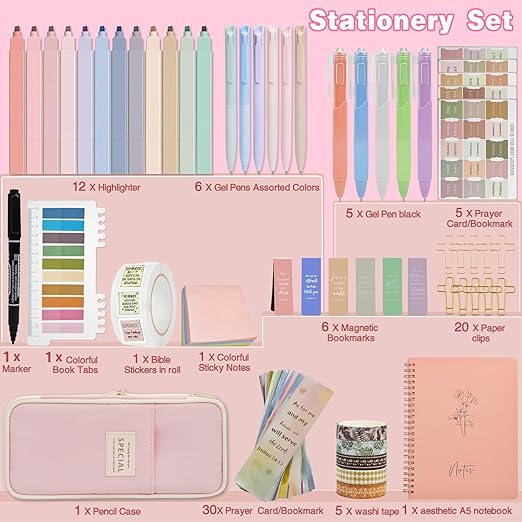 Bible Study Supplies Kit for Women 96PCS Bible Journaling Kit with Bible Tabs for Women,Bible Highlighters and Pens, Bookmark, Journal, Bible Bag, Stationary Gift Set for Christian Girls