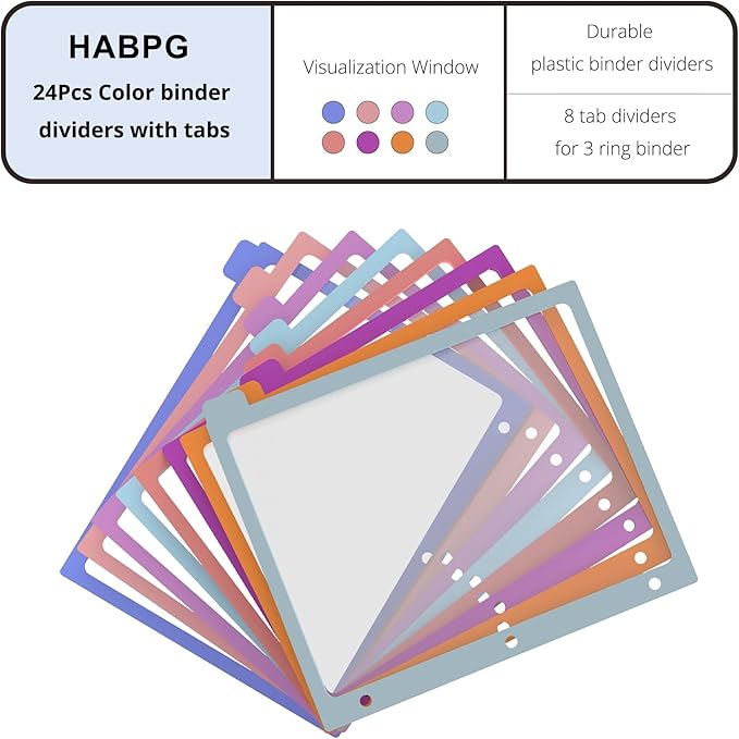 HABGP Binder Dividers with Tabs,8 Tab Dividers for 3 Ring Binder, Multi-Colored Page Binder Dividers Letter Size Plastic File Folder Pastel Color for Notebook School, 3 Hole Punch, 3 Set Total 24 Pcs