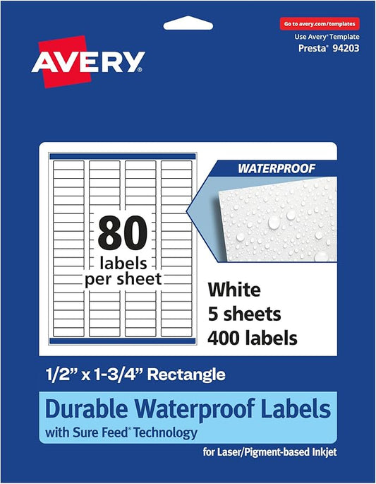 Avery Printable Durable White Rectangle Labels, Sure Feed Technology, 0.5" x 1.75", Waterproof Labels, Laser & Pigment-Based Inkjet Compatible, 400 Total