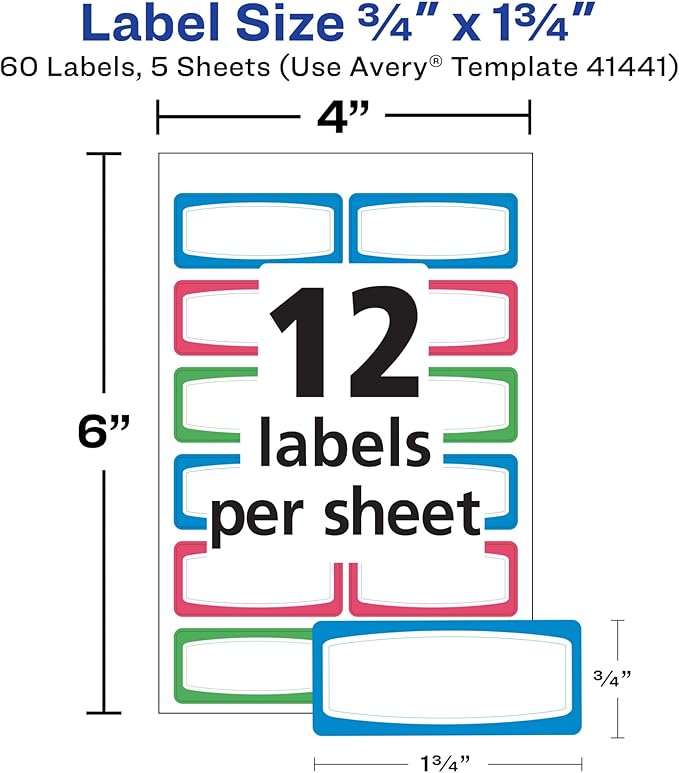 Avery(R) Durable Labels for Kids' Gear, 3/4" x 1-3/4", Assorted Border Colors, Water-Resistant, 60 Rectangle Labels Total (Pack of 2)