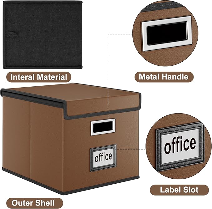 Huolewa File Organizer Boxes with Lids, Collapsible Faux Leather Hanging File Folder Box Organizer with Plastic Slide, Decorative Home/Office Filing System Boxes for File and Folders Storage