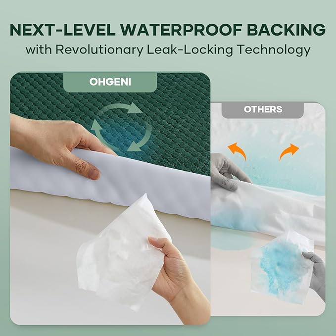 OhGeni 100% Waterproof Mattress Protector,Queen Size Mattress Soft Pad,Hair & Bedwetting Resistant,Cooling Breathable Fitted Sheets,Washable Bed Cover,Non-Slip Deep Pocket,Noiseless for Bedroom,Green
