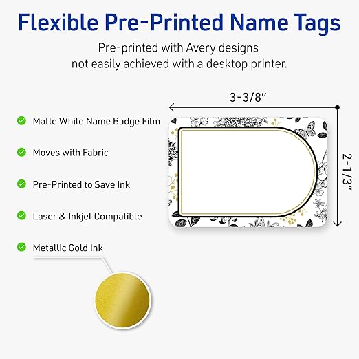 Avery Printable Adhesive Name Badges, 2-1/3" x 3-3/8", Pre-Printed Arched Gold & Black Florals Design, Matte White, Laser & Inkjet Compatible, 80 Total