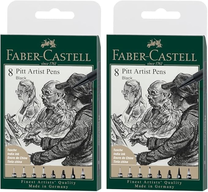 Faber-Castell PITT Artist Pen India Ink Pen - wallet of 8 - colour 199 black - XXS, S, F, M, B, C, 1.5, Fude Hard, (167158) (Pack of 2)
