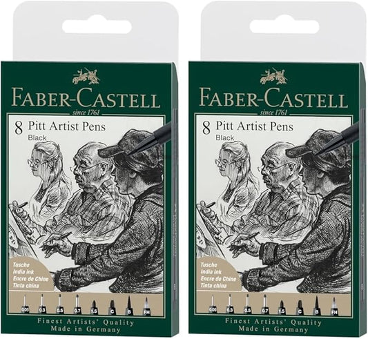 Faber-Castell PITT Artist Pen India Ink Pen - wallet of 8 - colour 199 black - XXS, S, F, M, B, C, 1.5, Fude Hard, (167158) (Pack of 2)