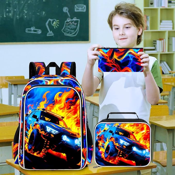 KLFVB 3PCS School Backpack Set, 17" Boys Truck Bookbag and Lunch Box, Water Resistant School Backpacks for Teenagers Middle Elementary - Flame Truck