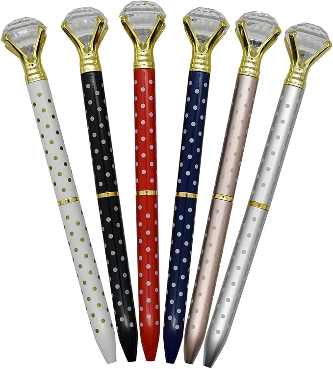Maydahui 12 PCS Polka Dot Big Diamond Ballpoint Pens Retractable Bling Rhinestone Pen Beautiful Gem Pens 6 Color Black Ink for School Wedding