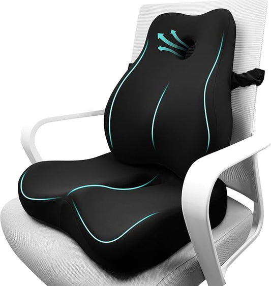 Seat Cushion & Lumbar Support Pillow Set for Office Chair, Ergonomic Pillow for Sciatica Pain Relief, Memory Foam Back Support Pillow & Chair Cushion for Car seat, Desk Chair (Black)
