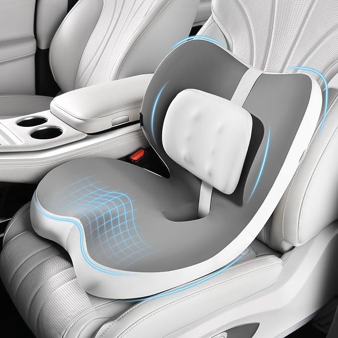 FLORICH 2 in1 Truck Seat Cushion and Lumbar Support Pillow Memory Foam Car Seat Cushion with Adjustable Strap for Truck Driver Long Drives, Fits Semi Truck Seat,Car,Office&Gaming Chair(Grey)