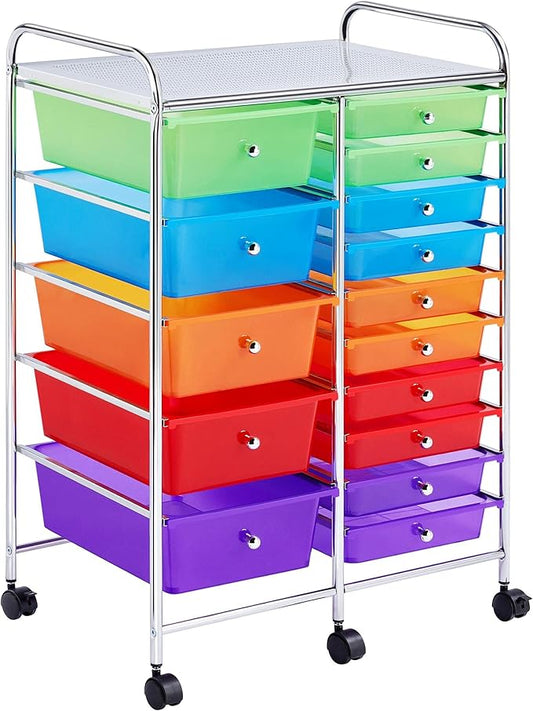 Yaheetech 15 Drawers Rolling Storage Cart Multipurpose Mobile Rolling Utility Storage Organizer Cart Tools Scrapbook Paper Organizer on Wheels, Multicolor