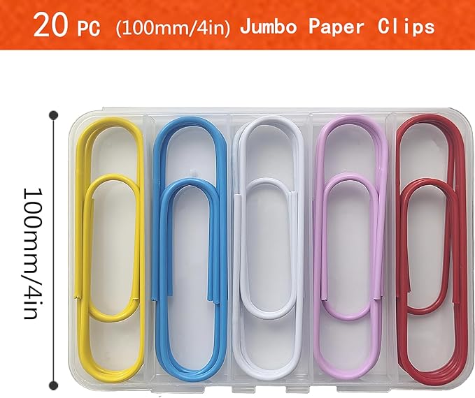 20 Pcs Jumbo Paper Clips 100mm/4 Inches Large Colored Big Papeclips for School, Office, and Daily Tasks