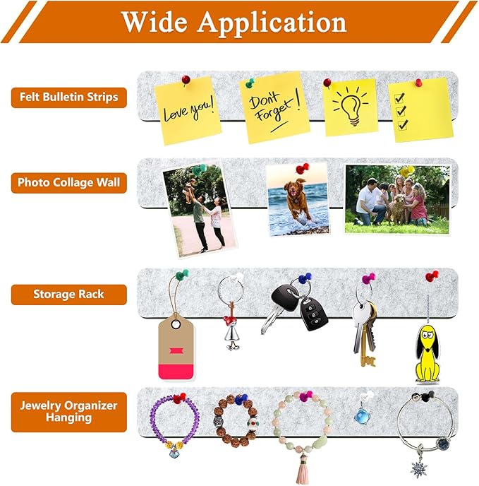 8Pcs Rectangle Felt Cork Board Bar Strips with 35 Pushpins, Self-Adhesive Bulletin Board Strips for Office School Home Wall Decor Stickers Memos Schedules Photos Display -Light Grey