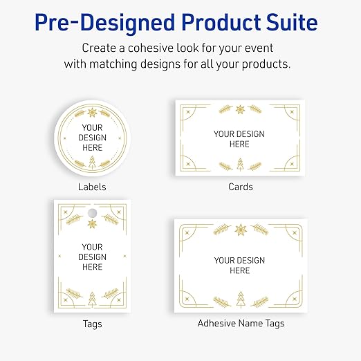 Avery Printable Christmas Adhesive Name Badges, Rectangle, 2-1/3" x 3-3/8", Pre-Printed Metallic Gold Christmas Trees Design, Matte White, Laser & Inkjet Compatible, 80 Total