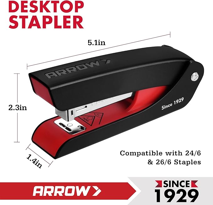 Arrow Office Stapler Set, 25 Sheet Capacity Metal Desk Staplers with 2100 Staples, Half Strip Design and Non-Slip Base, Spare Staple Storage for Classroom, Office and Home, 3 Pack
