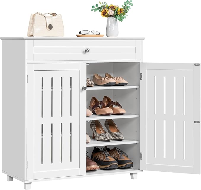 Yaheetech Shoe Cabinet, 4-Tier Shoe Storage Cabinet with Drawer & Adjustable Shelves, Wooden Shoe Rack Organizer with Louvered Doors for Entryway, Hallway, Closet, Living Room, White