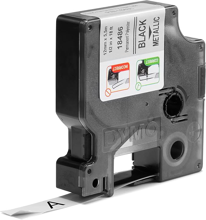 DYMO Rhino Industrial Permanent Polyester Labels, 1/2" Black Print on Metallic Tape