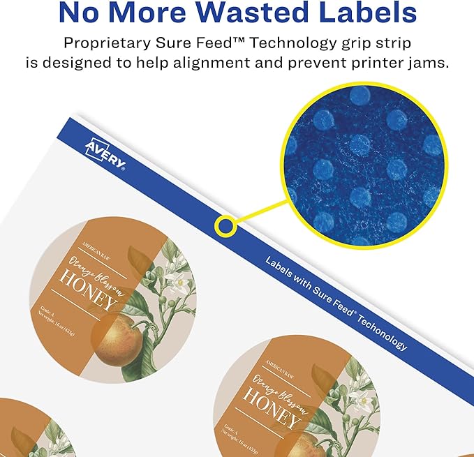 Avery Glossy White Round Labels, Sure Feed Technology, 2.5" Diameter, 450 Glossy White Labels, Print-to-The-Edge, Permanent Adhesive, Laser/Inkjet Printable