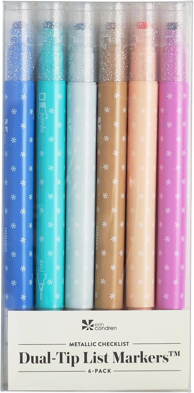 Erin Condren Dual Tip Markers, Colorful and Versatile Marker Set for Journals, Planners, and Note-Taking, Includes Fine Tip and Medium Tip, Metallic, Set of 6